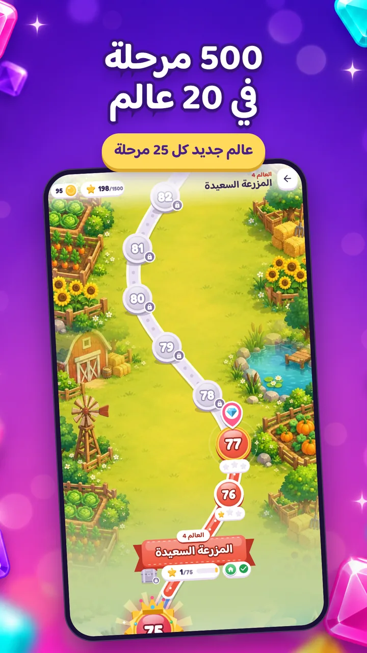 خريطة العالم الرابع «المزرعة السعيدة»: 25 مرحلة في كل عالم، والنجوم المجموعة في الأعلى.